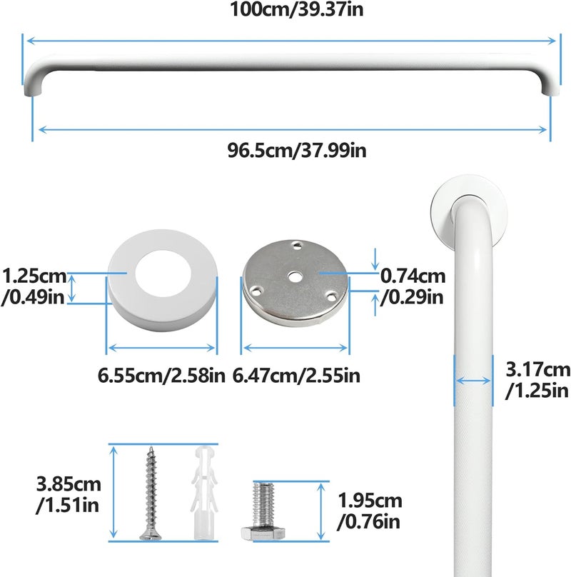 Rackickyer Shower Grab Bar, 2 Pack 39.4 Inch White Bathroom Grab Bar, 1.25" Diameter 304 Stainless Steel Anti-Slip Grab Bars for Bathtubs and Showers, Handicap Shower Grab Bar for Seniors Elderly - Image 2